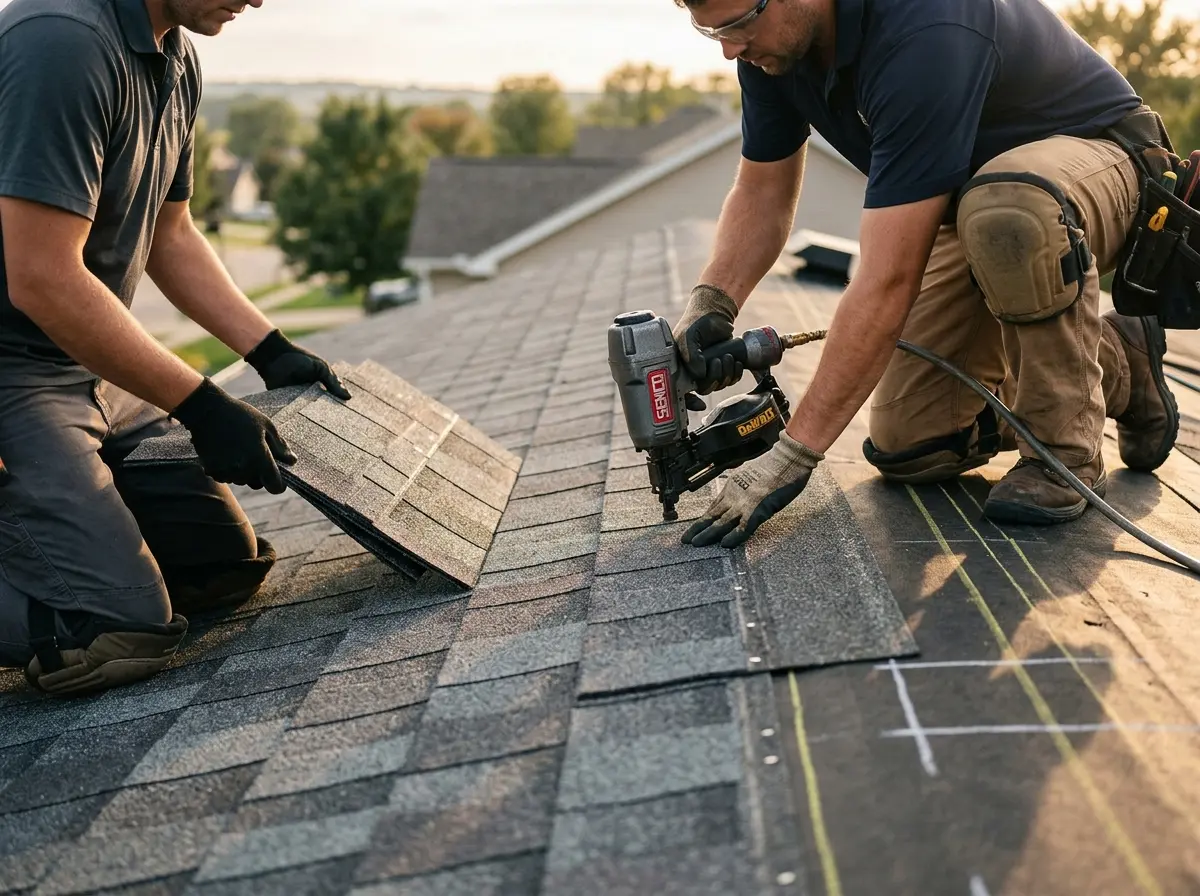 Professional roofer working on a residential roof in Kyle
